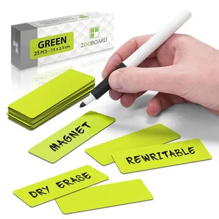 2DOBOARD Magnetstreifen beschreibbar - 7,5 cm x 2,5 cm Grün - 25 Stück - Magnetschilder zum beschriften – Für Kühlschrank, Whiteboard & Tafel - Magnetetiketten