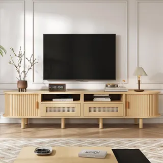 BTM 170x40x40cm Ovaler TV-Ständer und Fernsehtisch, TV-Schrank mit 2 Rattan Design Schubladen, 2 Schiebetür, Lowboard und Fernsehtisch bis zu 70 Zoll, TV-Board und TV-Kommode, Holz