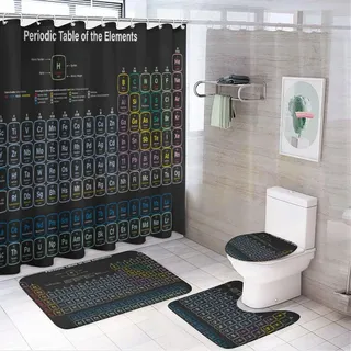 Duschvorhang-Set mit Periodensystem der Elemente, modernes buntes Wissenschaftstechnologie, Liebes-Design, Badezimmer-Dekor mit Teppichen, inklusive rutschfestem WC-Deckelbezug, Badezimmer, Schwarz,