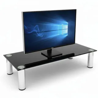 Melko TV-Aufsatz Bildschirmständer Glas 100x35x17 cm bis 30 kg Schwarz | gehärtetes Sicherheitsglas 8 mm, verchromte Stahlbeine, Stauraum für Multimedia-Geräte, entlastet den Nacken, pflegeleicht