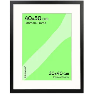 FRAMAI® Bilderrahmen 40x50 cm in Schwarz – mit Passepartout – MDF Holzrahmen, bruchsicheres Plexi, umweltfreundlich, mit Aufhängung & Ständer – Hochformat & Querformat