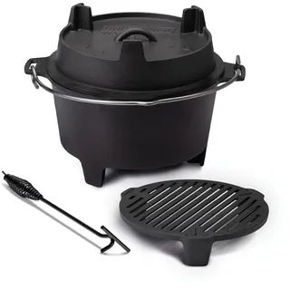 Grillfürst Dutch Oven Set ca. 6 Liter - stabil stehender Feuertopf durch spezielle T-Füße, hitzebeständiger Gusseisen Topf, Deckel als Pfanne nutzbar, DO 6 inkl. Deckelheber und Feuerrost