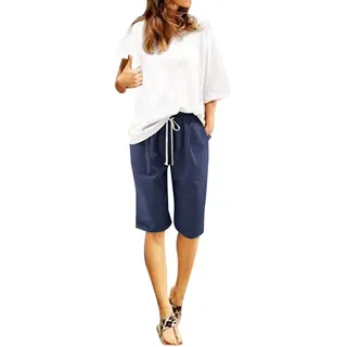 Leinenshorts Damen Boho Knielang mit Tunnelzug Kurze Hose Leinen Bermuda Shorts Sommershorts High Waist Sommer Lose Radlerhose Große Größen Damen-Shorts Sport Biker Strand Yoga Shorts Leinenhose