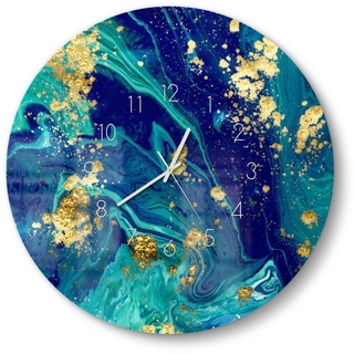 DEQORI Wanduhr 'Marmor mit Goldakzent' (Glas Glasuhr modern Wand Uhr Design Küchenuhr) blau 50 cm x 50 cm