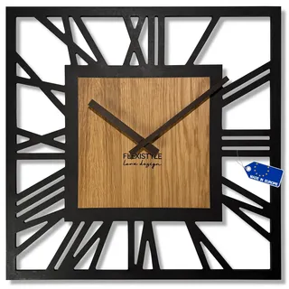 FLEXISTYLE Groß wanduhr quadratisch – Design Uhr aus Holz & Eichenfurnier – leises Quarzwerk ohne Ticken – Moderne Wanddekoration Wohnzimmer Schlafzimmer Büro Loft Stil (Schwarz Eiche, 50cm)