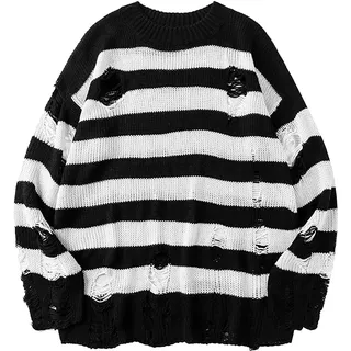 Y2K Sweater Vintage - Grunge Sweater Stripes, Striped Sweater Grunge-Pullover Zerissen-Strickpullover-Löchern-Grobstrickpullover Gothic-Punk Teenager Mädchen Y2K Pulli Herbst Winter Warm Oberteile - XX-Large