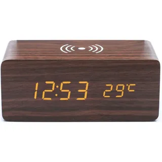 Stück Brauner Holzwecker Mit Qi-wireless-ladegerät, Kompatibel Mit Iphone Und Samsung, Digitale Led-uhr Aus Holz Mit Tonsteuerung, Anzeige Von Uhrzeit, Datum Und Temperatur.