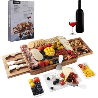 hecef Käsebrett-Set aus Akazienholz, quadratische Käseplatte mit 2 ausziehbaren Schubladen & Besteckset & Snackplatten & Marmorkäse-Schiefer