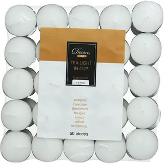 Decoris 50 Teelichter 39mm x 1,9cm Wachskerzen 6 Std. Brenndauer Teelichtkerzen kleine Tischkerzen Gastrokerzen für Hochzeit Weihnachten