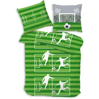 MTOnlinehandel Kuschelige Fußball Bettwäsche 135x200, Biber 100% Baumwolle für Kinder und Teenager - Weiche Bettgarnitur mit Reißverschluss, Kinderbettwäsche (135x200+80x80)