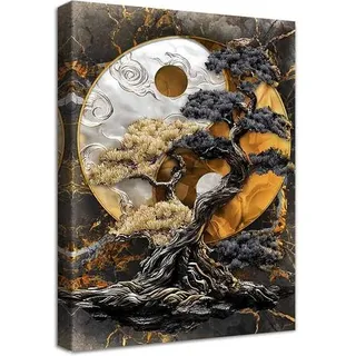 Leinwandbild Rahmen Schwarz Braun 30L x 40B cm Qian Kun Yin Yang Baum