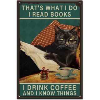 CREATCABIN Katzen-Blechschild,Vintage-Metallschild,Poster,Retro-Gemälde,Plakette,Eisenschild,Wanddekoration,Kunst,Aquarell,Kitty-Wandbild,Hängeschild,Bücher Lesen,Kaffee Trinken,Für Bar,Club,30x20cm
