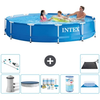 Intex Rundrahmen-Schwimmbecken – 366 x 76 cm – Blau – inklusive Pumpe Abdeckung - Wartungspaket - Filter - Bodenplane - Staubsauger - Solarmatte