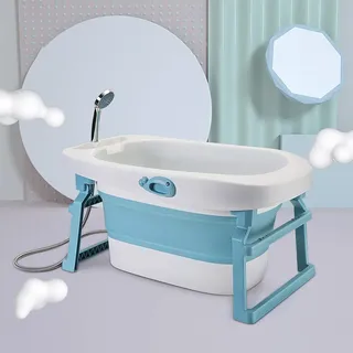 OHMG Faltbare Babywanne für Kinder, tragbar, faltbar, mit rutschfester Matte und Ablaufloch, für Neugeborene bis 6 Jahre, in Blau