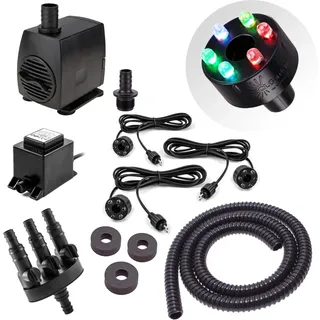CLGarden Springbrunnen Pumpe Set mit 3X LED Beleuchtung Multicolor RGB für Wasserspiel Säulenbrunnen Kugelbrunnen Schlauch Wasserverteiler 1300 L/H