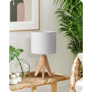 EDISHINE Nachttischlampe aus Holz, Stativ Tischlampe E27 Fassung, vintage Lampenschirm aus Leinen, weiß, für Schlafzimmer, Wohnzimmer, Geschenk