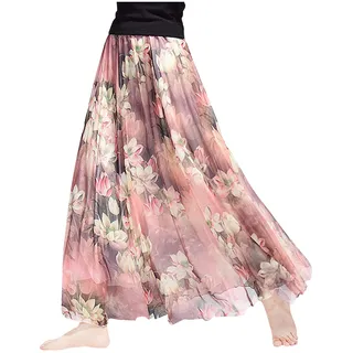 Damen Chiffon Blumen Strandrock Maxirock Langer Rock Gedruckter Chiffonrock Weich Glatt Dünn Cool für Sommer Rocklänge 90cm - Geblümt Lotus #62 - 34-40