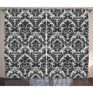 ABAKUHAUS Barock- Rustikaler Vorhang, Vintage Spitze-Art, Wohnzimmer Universalband Gardinen mit Schlaufen und Haken, 280 x 260 cm, Weiß und Schwarz