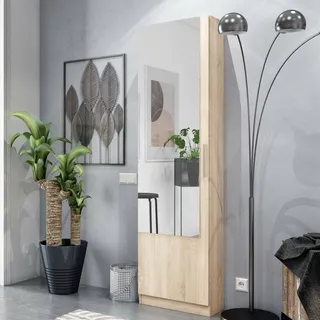 Dmora - Eugene Schuhregal, Hoher Schuhschrank mit 1 Tür, Moderner Schuhschrank, Eingangsgarderobe mit Spiegel, 50x22h180 cm, Eiche