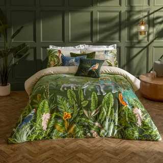Paoletti Odisha Bettbezug Set – Wendbare Botanische Exotische Elefant Mit Paspelrand Luxus Bettwäsche (Dschungel – Super King – 260x220cm)