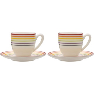 Bugatti Gioia Espresso-Tassen und Untertassen – 2 Personen Set – bunt gestreiftes Steingut – 4-teiliges Set