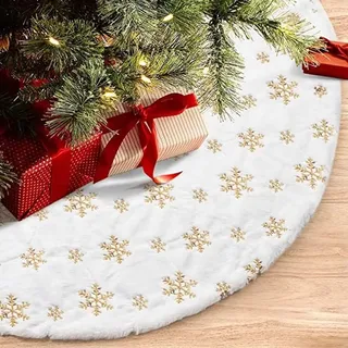 RongXuan Weihnachtsbaum Rock Plüsch Rund Weichnachtsbaumdecke mit Pailletten Schneeflocke Christbaumständer Teppich Baumdecke 35 Zoll Gold