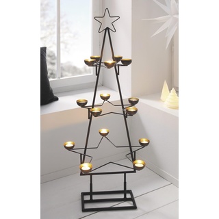 XXL Teelichthalter Tanne aus Metall, matt schwarz/Gold, 102 cm hoch, große Weihnachtsdeko mit 3 Etagen