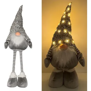 Online-Fuchs Weihnachtsfigur süßer Wichtel mit Zipfelmütze, Teleskopbeinen und LED-Beleuchtung (Deko zu Weihnachten, Dauerleuchten oder Funkeleffekt wählbar), inkl. praktischer 6-Stunden Timerfunktion silberfarben