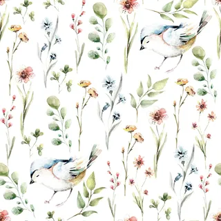 ANHUIB Blumen Vögel Tapete Blätter Aquarell Blumentapete Küchenrückwand Schrank Wand Wohnzimmer Schlafzimmer Möbel Dekorfolie Blumen Möbelfolie Badezimmer 44X300CM Tapete Selbstklebende