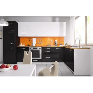 Feldmann-Wohnen Winkelküche Essen, 303cm weiß/ weiß Hochglanz + schwarz Hochglanz L-Form 10-teilig schwarz