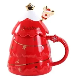 VollfitYYu Neuheite Weihnachtstasse 3D Weihnachtsbaum Kaffeebecher mit Deckel und Löffel 400ml Porzellan Weihnachtsbecher Geschenk für Halloween Weihnachten Neujahr Geburtstag (Rot)