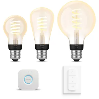 Philips Hue Starterpaket - E27 - mit 3 Filament Lampen Mix - Warm bis Kaltweißes Licht - inkl. 1 Hue Bridge, 1 Hue Dimmschalter - Hue White Ambiance Filament