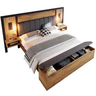OKWISH Betten mit Kopfteil und Bettbank 180x200 Massives Holzbettgestell mit integrierten Nachttischen, Leselampen, USB-Ladestation, Stauraum Eiche