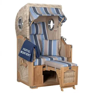 MR.DEKO Strandkorb 1-Sitzer Single Teak Shell Volllieger mit Bullaugen, BxTxH: 96x80x165 cm, Vollieger, Düne Single, (Fertig montierter Strandkorb für Garten, Terrasse & Balkon, 1-tlg), Wetterfester Volllieger mit Edelstahlbeschlägen & waschbaren Polstern blau