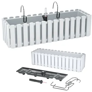 Blumenkasten Blumentopf Balkonkasten Latten-Optik mit Halterungen Wasserspeicher Pflanzkasten Pflanzgefäß inkl. Aufhängung Lattenzaun-Design (58 Weiß)
