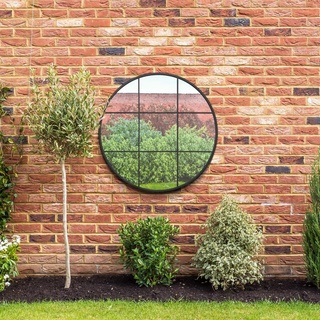MirrorOutlet The Circulus Wandspiegel, Solider schwarzer Metallrahmen, modern, rund, für Garten, 100 x 100 cm, silberfarbenes Spiegelglas mit schwarzer Allwetter-Rückseite.