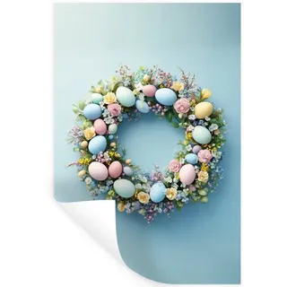 MuchoWow Wandsticker Kranz - Eier - Blumen (1 St), Wandaufkleber, Selbstklebend, Wohnzimmer, 20x30 cm blau 20 cm x 30 cm x 0.1 cm