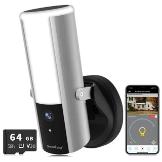 SecuFirst Kabelgebundene Außenleuchte mit Kamera | 900 Lumen/10W Wandlampe, 2K Überwachungskamera,inkl. 64GB Speicher,Bewegungsmelder Aussen Wlan,Sirene
