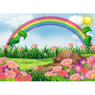 BELECO 1.5x1m Stoff Regenbogen und Sonne Hintergrund Bezaubernder Blumengarten mit Regenbogen Cartoon Frühlingsfoto Party Deko Geburtstag Kinder Junge Mädchen Baby
