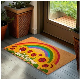 BRUBAKER Fußmatte Welcome Schriftzug mit Sonnenblumen und Regenbogen - Schmutzfangmatte, Rechteckig, Höhe: 15 mm, Türmatte für Außen und Innen - Wetterfest und Rutschfest - 45 x 75 cm bunt