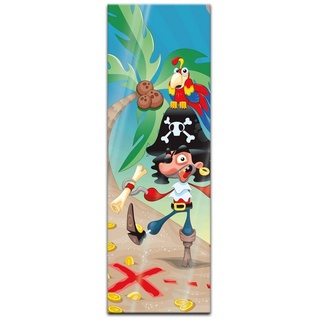 Bilderdepot24 Glasbild, Kinderbild Pirat auf Insel Cartoon bunt 40 cm x 120 cm