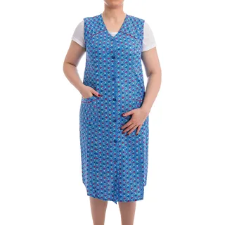 Tobeni Damen Kittelschürze Knopf-Kittel lang in 100% Baumwolle ohne Arm mit Taschen Farbe Design 11 Grösse 46 - 46