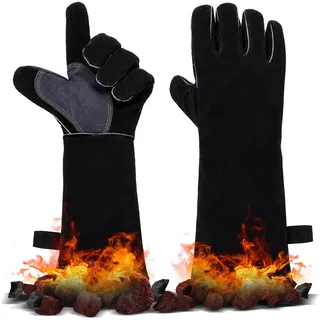 JUNUNDJING Hitzebeständiger Leder Grillhandschuhe, Kaminhandschuh, Ofenhandschuhe, Backhandschuhe, Kaminhandschuhe Feuerfeste Hitzeschutz Handschuhe, Schweißhandschuhe, 40x20CM, 1 Paar, Schwarz