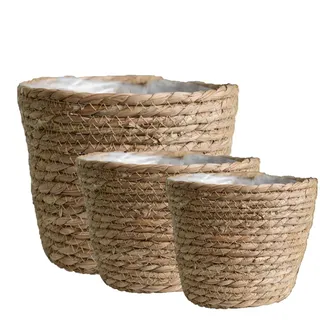 Derwrtup 3er Set Pflanzenkorb Seegras - Übertopf Geflochten Boho - Blumentöpfe Geflochten Rund - Mit Wasserdichtem Stofffutter Im Boho Stil - Für Accessoires Schminke Tampon Spielzeug