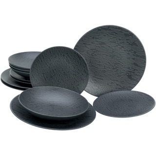 CreaTable, 20540, Serie Schiefer Black, 12-teiliges Geschirrset, Teller Set aus Steinzeug, spülmaschinen- und mikrowellengeeignet, Made in Portugal