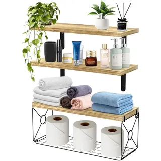 Wandregale aus Holz 40 cm, 3er Set, mit Körben, naturfarben, für Badezimmer