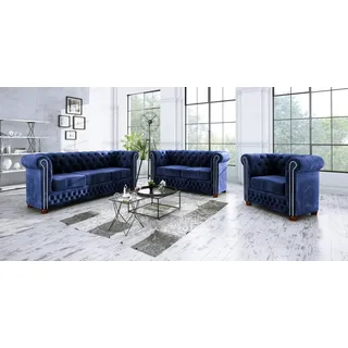 s-style möbel Chesterfield Lothar Polstergarnitur 3+2+1 Aus Blau Samt-stoff