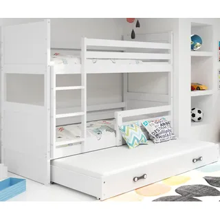 Interbeds Etagenbett für 3 Kinder Stockbett Hochbett 200x90 cm Holzbett Kiefernholz Kinderbett zusätzlicher Schlafplatz in der Schublade Jugenbett mit Lattenrost und Rausfallschutz