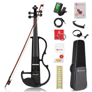 Vangoa 4/4 Elektrische Violine E Geige aus Massivem Holz Electric Stille Violine in Volle Größe mit Kolophonium, Tragetasche, Audiokabel, Schulterstütze, Bogen, Schwarz