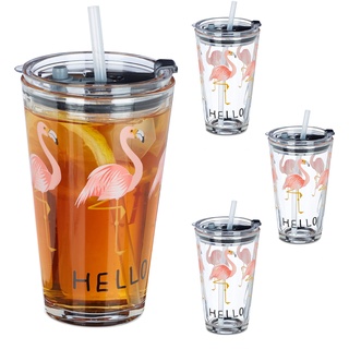 Relaxdays Glasbecher mit Deckel & Strohhalm, 4er Set Flamingo Gläser, 450 ml, spülmaschinenfest, Trinkglas, transparent